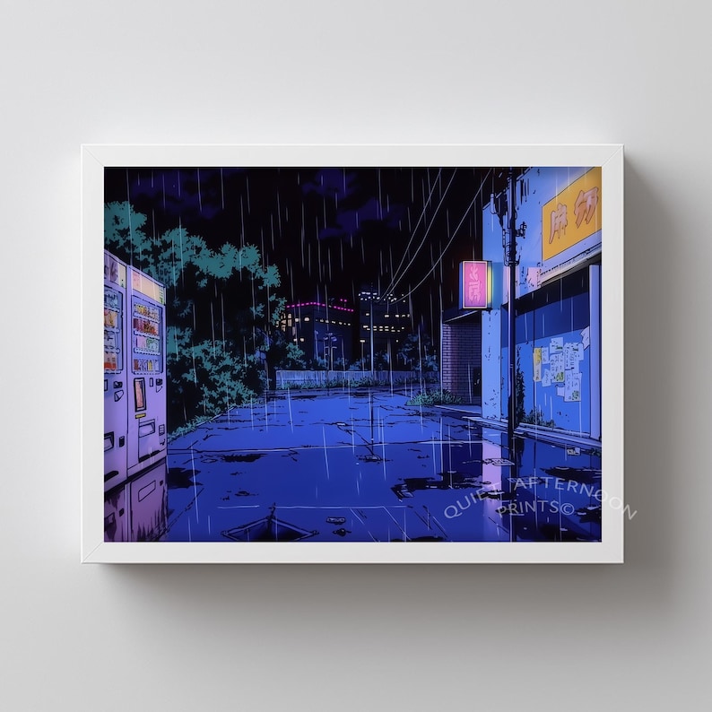 Abandoned urban landscape digital art for foyer — striking 90s anime style filled with neon elements creates a stunning first impression.