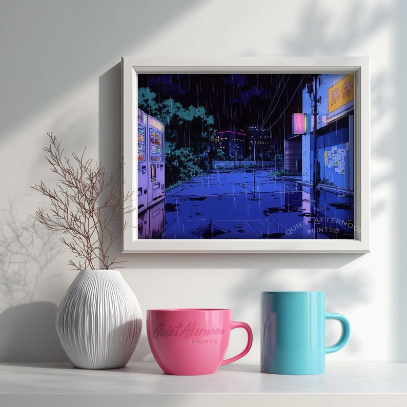Empty urban street wall art for modern office — moody 90s anime scene with vibrant neon lighting and reflective wet asphalt.