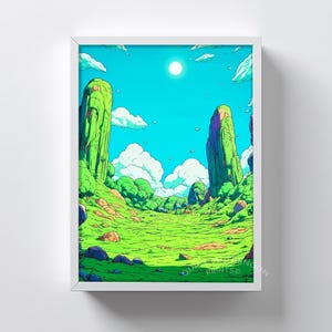 May include: A framed art print featuring a vibrant landscape scene. The artwork depicts a bright blue sky with a sun and fluffy white clouds. Towering green rock formations and lush green grass fill the foreground, creating a sense of depth and tranquility.