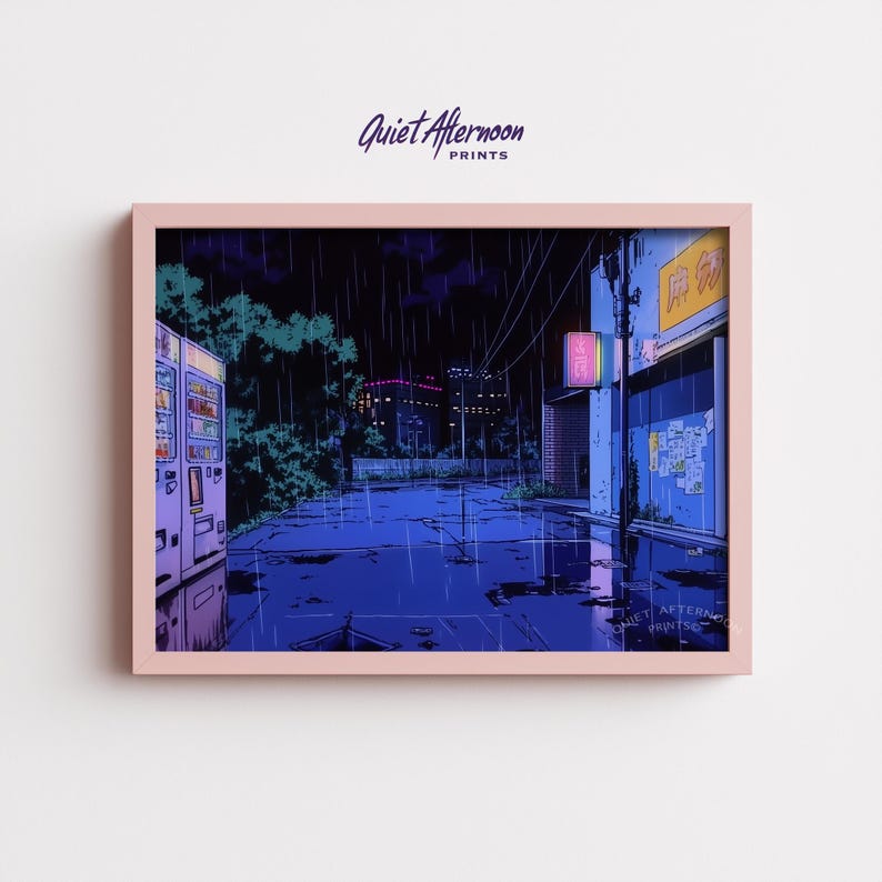 Cyberpunk moody alley print for reading corner — features vibrant hues and atmospheric rain reflections for an immersive experience.