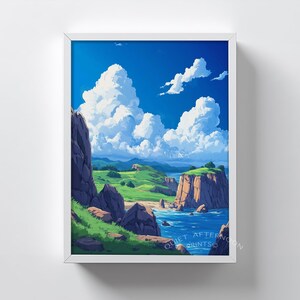 May include: A framed art print of a coastal landscape with a bright blue sky filled with fluffy white clouds. The scene includes rocky cliffs, green hills, and a turquoise sea. The text "QUIET AFTERNOON PRINTSO" is visible in the lower right corner.