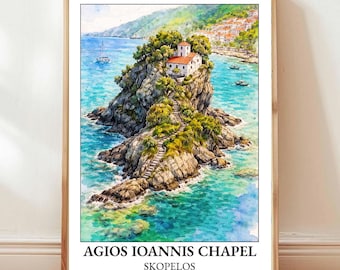 Agios Ioannis Kapelle Poster Kunstdruck | Skopelos Reisedruck | Griechenland Aquarell