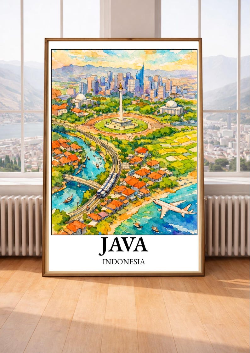 K&ouml;nnte beinhalten: Aquarelldruck von Java, Indonesien, mit einer Stadtlandschaft mit einem hohen Denkmal, Geb&auml;uden und einem Fluss. Ein Zug, Boote und ein Flugzeug sind ebenfalls zu sehen. Die W&ouml;rter "JAVA" und "INDONESIA" sind unten aufgedruckt.