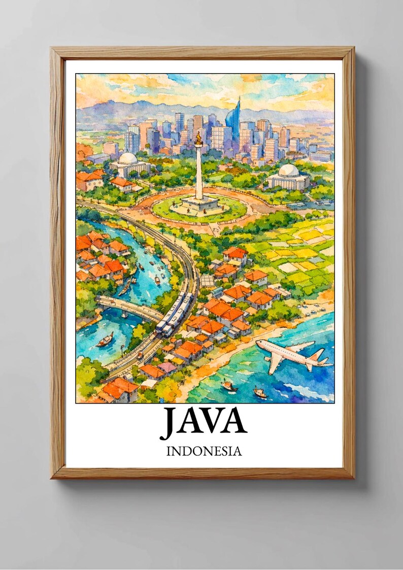 K&ouml;nnte beinhalten: Aquarellmalerei von Java, Indonesien, mit einer Stadtlandschaft mit einem hohen Denkmal, Geb&auml;uden und einer K&uuml;stenlandschaft mit einem Flugzeug. Das Kunstwerk ist in einem Holzrahmen gerahmt, mit dem Text "JAVA INDONESIA" unten.