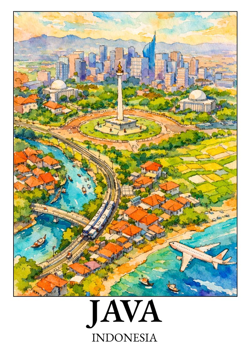 K&ouml;nnte beinhalten: Aquarellillustration von Java, Indonesien, mit einer Stadtlandschaft mit einem hohen Denkmal, Geb&auml;uden und einem K&uuml;stenbereich. Ein Zug f&auml;hrt auf einer Strecke, und ein Flugzeug fliegt in K&uuml;stenn&auml;he. Die W&ouml;rter "JAVA" und "INDONESIEN" stehen unten.