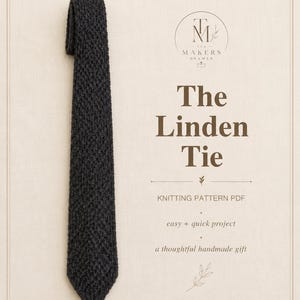 May include: A dark gray knitted tie, displayed vertically against a cream-colored background. The tie is textured and appears to be handmade. Text on the background reads "The Linden Tie" and "KNITTING PATTERN PDF".