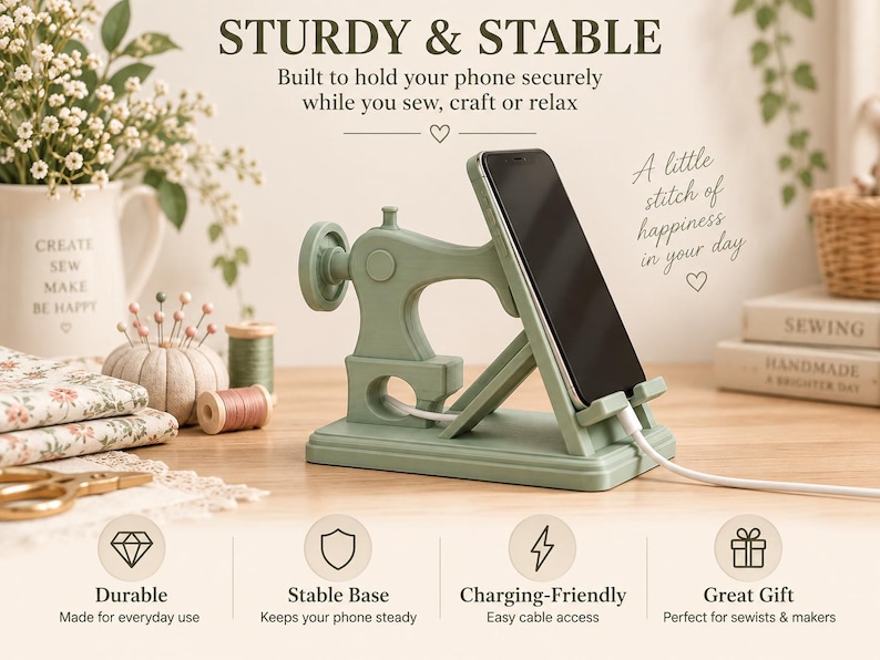 May include: A sage green phone stand shaped like a vintage sewing machine. The stand features a rectangular base, a side wheel, and a support arm holding a black smartphone with a white charging cable plugged into the bottom port.