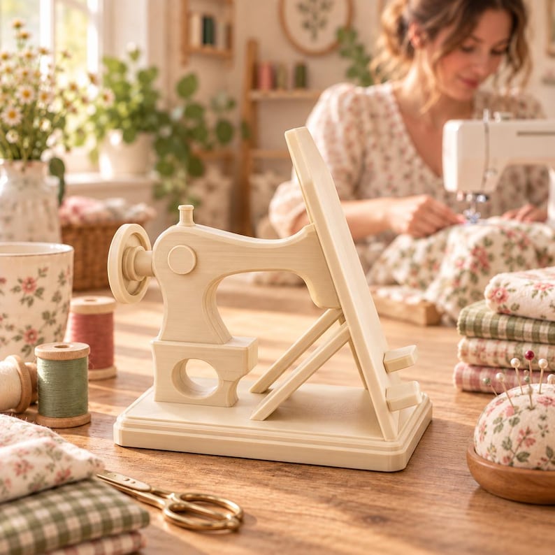 May include: A light-colored wooden stand shaped like a vintage sewing machine, designed to hold a tablet or phone. The stand features a flat base, a side wheel, and an angled support ledge for devices, crafted from smooth, natural-toned wood.