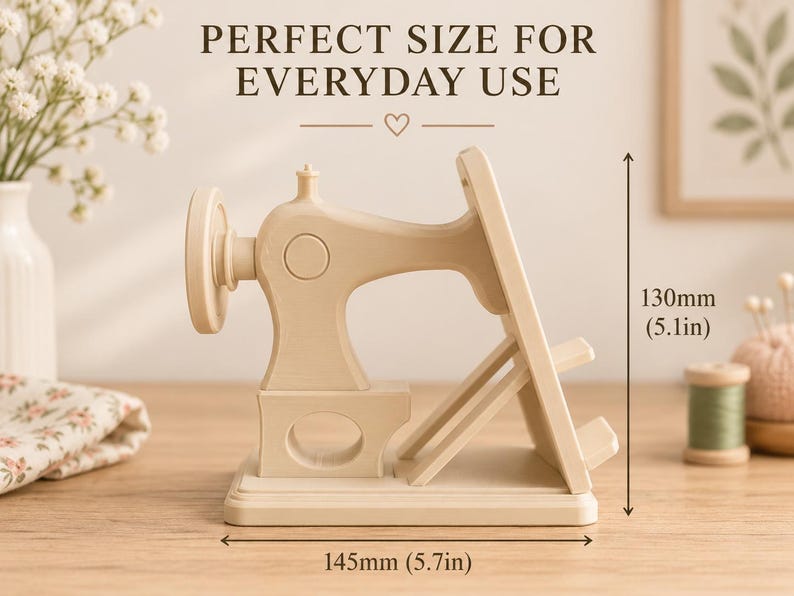 May include: A beige phone stand shaped like a vintage sewing machine. The stand measures 5.1 inches in height and 5.7 inches in width. The text PERFECT SIZE FOR EVERYDAY USE is visible above the object, which features a wheel and base.