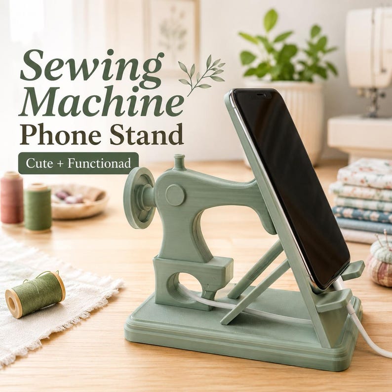 May include: A sage green phone stand shaped like a vintage sewing machine with a handwheel and a base. A black smartphone rests on the stand, which features a slot for a charging cable. The text Sewing Machine Phone Stand Cute + Functionad is visible.
