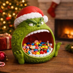 May include: A green, Grinch-like character-shaped candy dish wearing a Santa hat, filled with colorful candies. The dish has a wide open mouth and is sitting on a wooden surface. Christmas-themed decor is in the background.