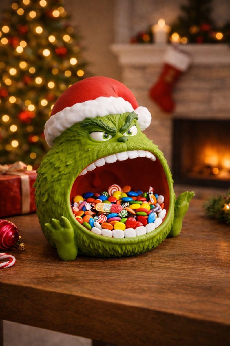 May include: A green, Grinch-like character-shaped candy dish wearing a Santa hat, filled with colorful candies. The dish has a wide open mouth and is sitting on a wooden surface. Christmas-themed decor is in the background.