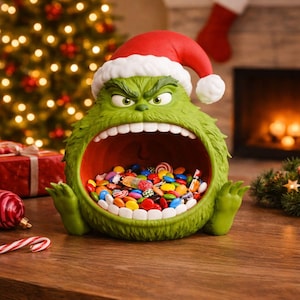 May include: A green Grinch-themed candy bowl wearing a Santa hat, filled with colorful candies. The bowl has an open mouth design and is placed on a wooden table. Christmas tree and fireplace in the background.