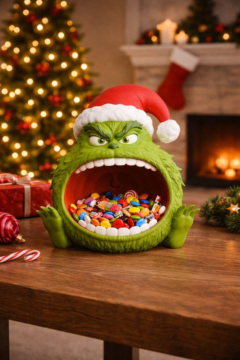 May include: A green Grinch-themed candy bowl wearing a Santa hat, filled with colorful candies. The bowl has an open mouth design and is placed on a wooden table. Christmas tree and fireplace in the background.