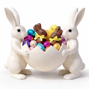 Puede incluir: Dos figuras de conejos blancos sosteniendo una gran cáscara de huevo llena de conejos de chocolate, pollitos amarillos y coloridos huevos de Pascua. Los conejos tienen ojos negros y sostienen la cáscara de huevo con sus brazos.