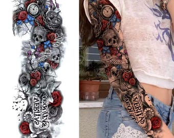 Tatuaje temporal de calavera con reloj y rosa en la manga, tatuaje falso para brazo completo, tatuaje gótico realista, tatuaje para brazo para hombres y mujeres.