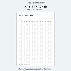 Pode incluir: Um documento imprimível de rastreamento de hábitos com uma grade de 31 linhas para dias e 12 colunas para meses. O cabeçalho diz HABIT TRACKER, ONE HABIT | ALL YEAR | FILL A CIRCLE A DAY, com espaço para o ano, notas e uma linha de fluxo.