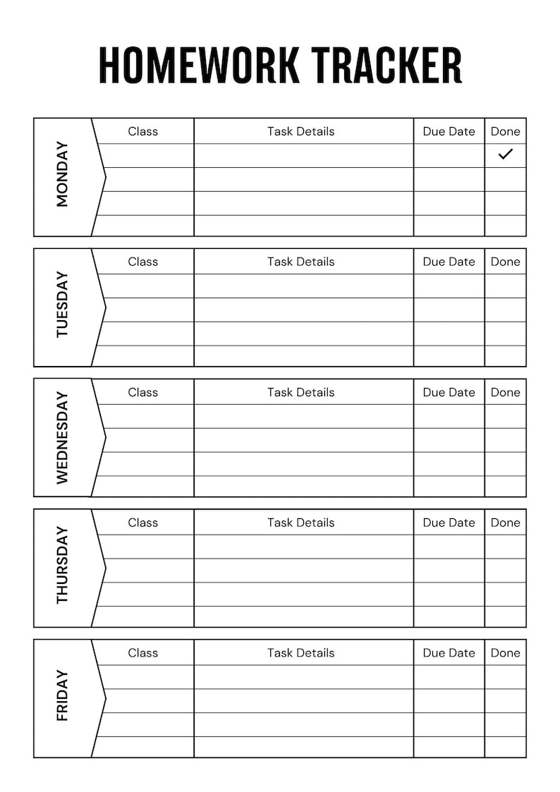 Homework Task For Students Kids Homework Tracker – Printable Student Planner (daily Task) - Etsy