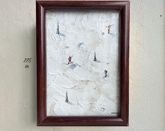 Pintura acrílica original: Pequeños esquiadores en una montaña nevada (enmarcada, 5,75 x 7,75)