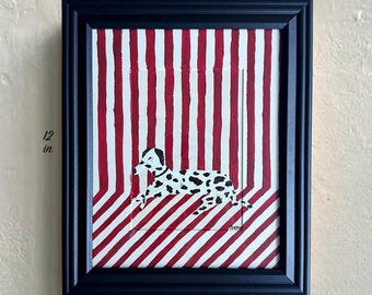 Pintura acrílica original: Dálmata sobre rayas rojas (enmarcada, 25 x 30 cm)