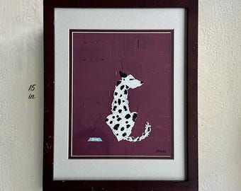 Pintura acrílica original: Dálmata macho con cuenco azul (enmarcada, 30,5 x 38,1 cm)