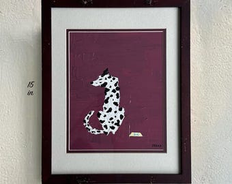 Pintura acrílica original: Dálmata hembra con cuenco amarillo (enmarcada, 30,5 x 38,1 cm)