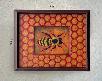 ABEJA ZUMBANDO – ¡Pintura original de abeja con textura, enmarcada!