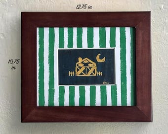 Rayas verdes y casa de noche dorada – Acrílico original enmarcado (12,75 x 10,75)