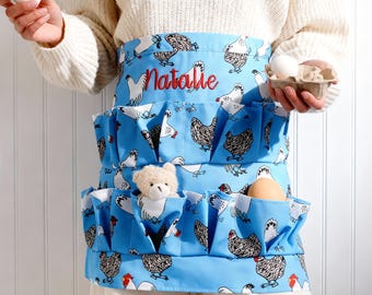 Personalized Egg Gathering Apron with Pocket | Embroidered Chicken Egg Apron for Easter Egg Hunt | Garden and Farm Apron | Adult & Kid Sizes
