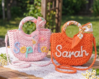Gepersonaliseerde rieten tas, cadeau voor bruidsmeisjes, mini strandtas, mandje voor bloemenmeisje, huwelijksbedankjes