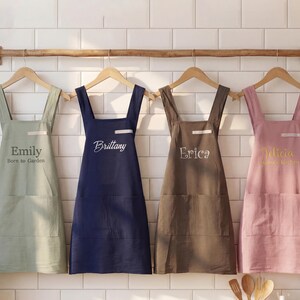 Personalized cross back apron for women, perfect cooking or pottery gift, handmade linen apron with name tag, stylish and functional
