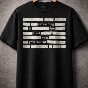Puede incluir: Camiseta negra con el texto "everything is fine trust your government" en blanco, con una fuente en bloques. La camiseta está colgada en una percha de madera sobre un fondo gris. La camiseta tiene mangas cortas y cuello redondo.