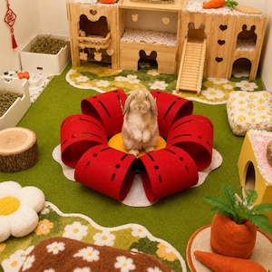 Escondite de fieltro con forma de flor para conejos, cama túnel para mascotas pequeñas, juguete de enriquecimiento para conejos