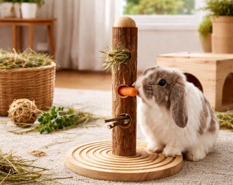 Natural Wood Bunny Treat Tree | Interactive Foraging Toy for Rabbits & Guinea Pigs