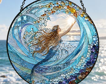 Mermaid Stained Glass Suncatcher, Ocean Window Hanging, Coastal Beach Decor, Mermaid Lover Gift, Nautical Sun Catcher