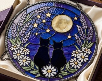 Black Cat Moon Suncatcher, Stained Glass Cat Window Hanging, Cat Lover Gift, Celestial Cat Decor, Moonlit Garden Ornament
