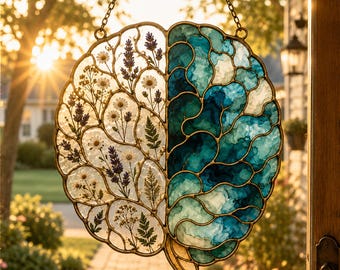 Botanical Brain Acrylic Suncatcher, Psychology Window Hanging, Wildflower Mind Decor, Therapist Gift, Mental Health Office Art