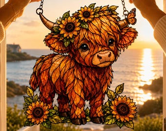 Highland Cow Acrylic Suncatcher, Sunflower Farmhouse Window Hanging, Acrylic Cow Decor, Rustic Animal Gift For Mom