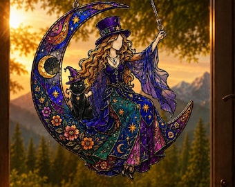 Witch Moon Acrylic Suncatcher, Window Hanging, Halloween Black Cat Decor, Celestial Fantasy Gift, Boho Witchy Decor
