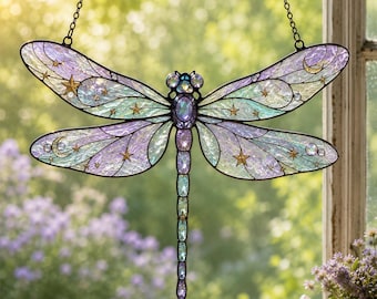 Celestial Dragonfly Acrylic Suncatcher, Moon Star Dragonfly Window Hanging, Boho Nature Decor, Witchy Gift for Her