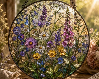 Wildflower Stained Glass Suncatcher, Wildflower Meadow Window Hanging, Cottagecore Floral Sun Catcher, Garden Lover Gift