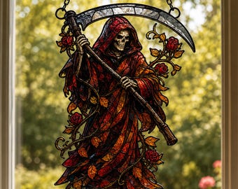 Grim Reaper Acrylic Suncatcher, Gothic Window Hanging, Death Reaper Sun Catcher, Halloween Decor, Dark Academia Gift, Witchy Home Art