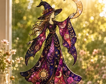Moon Witch Suncatcher, Celestial Window Hanging, Faux Acrylic Witch Decor, Gothic Witch Gift, Boho Moon Ornament