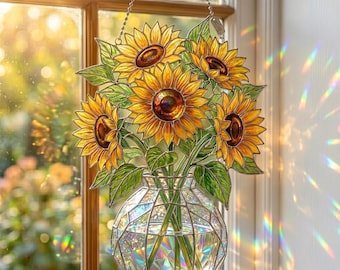Sunflower Bouquet Suncatcher, Stained Glass Style Window Hanging, Floral Home Decor, Gift for Mom, Garden Lover Gift