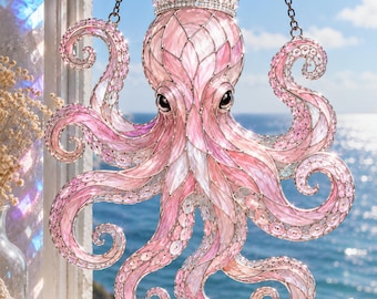 Octopus Princess acrylic Suncatcher, Pink acrylic Octopus Decor, Ocean Lover Gift, Coastal Window Hanging, Beach House Decor