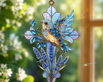 Bluebird Cross Acrylic Suncatcher, Christian Window Hanging, Lavender Cross Sun Catcher, Faith Memorial Gift