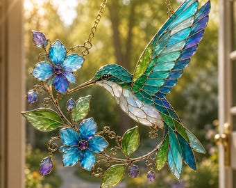 Hummingbird Acrylic Suncatcher, Window Hanging, Blue Floral Bird Ornament, Garden Lover Gift, Nature Decor