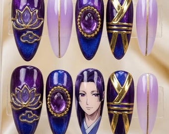 3D Gold Lotus Anime Press On Nails | Purple Cat Eye, Manga False Nails