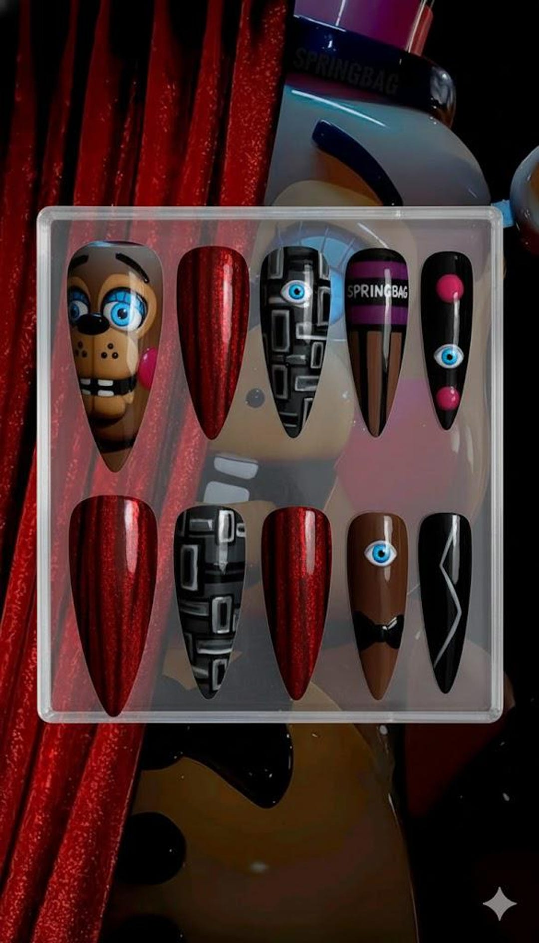 Freddy Fazbear Press on Nails FNAF Inspired Art | Hand Painted Stiletto ...