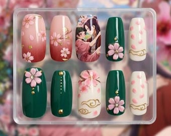 Apothecary Diaries Anime Press On Nails | Pink Cherry Blossom Coffin Nails